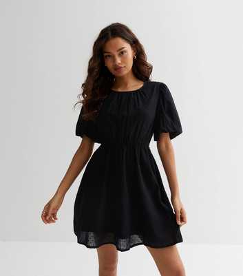 Petite Black Textured Smock Mini Dress