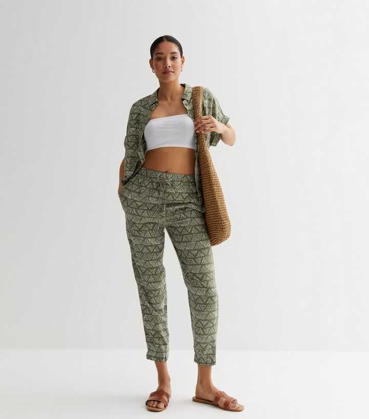 Khaki Geometric Tie Waist Joggers