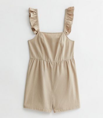 Petite Stone Linen Frill Strappy Playsuit New Look