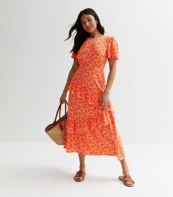 Petite Orange Floral Frill Midi Dress
