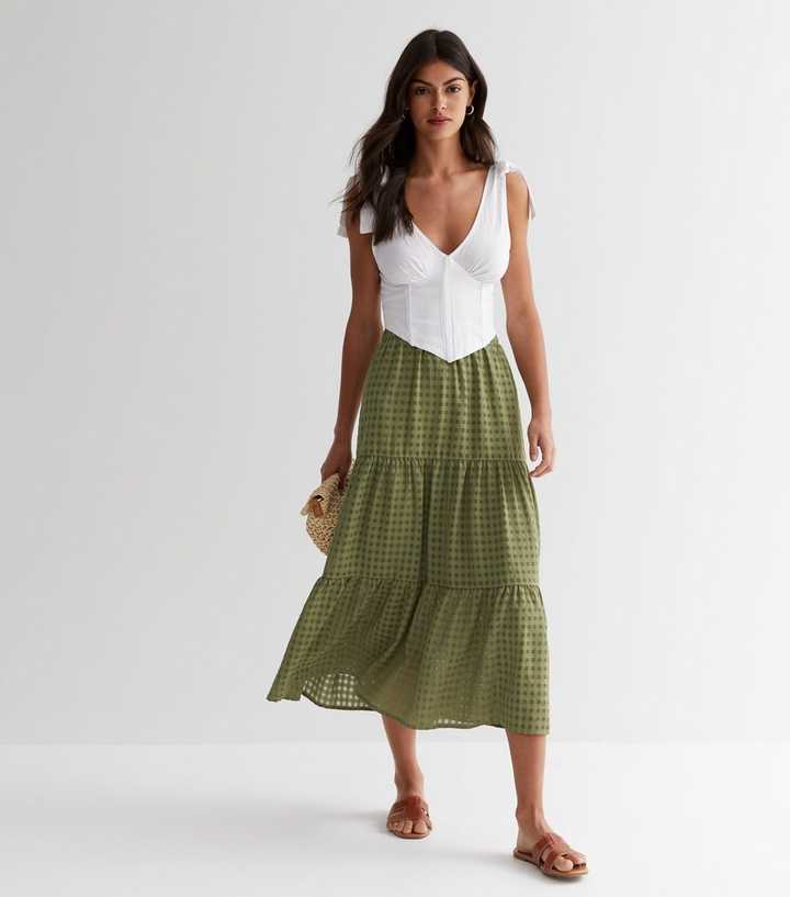 Khaki High Waist Tiered Midi Skirt