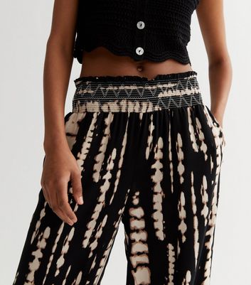 Black Tie Dye Shirred Wide Leg Trousers