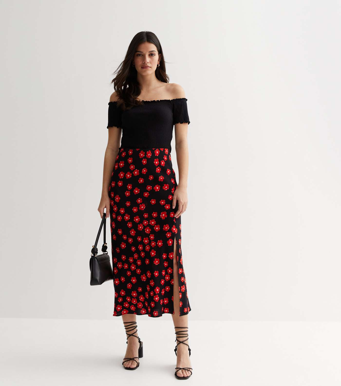 Black Poppy Print Midaxi Skirt