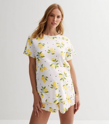 Maternity Yellow Ribbed Short Pyjama Set with Lemon Print New Look