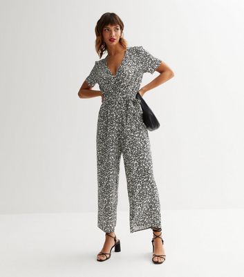 Black Ditsy Floral Belted Wrap Crop Jumpsuit New Look