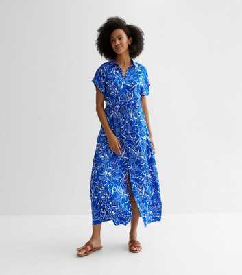 Tall Blue Tropical Midi Shirt Dress