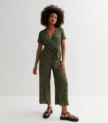 Green Floral Wide Leg Crop Wrap Jumpsuit New Look