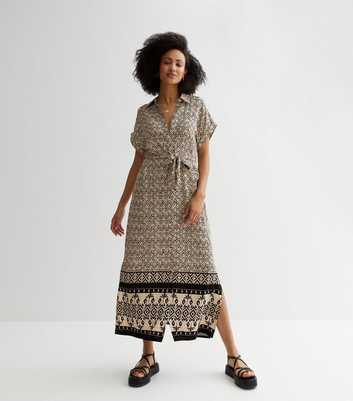 Tall Brown Abstract Maxi Belted Shirt Dress