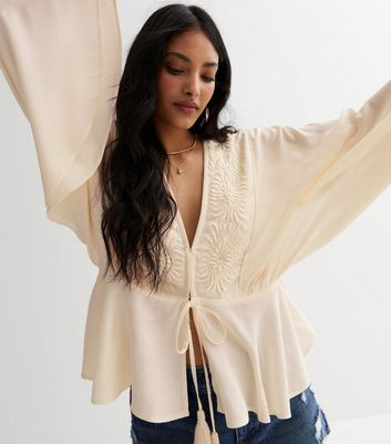 Cream Embroidered Tie Front Flared Sleeve Blouse | New Look