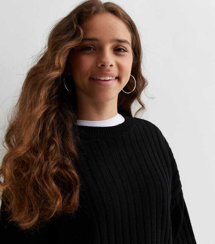 Girls Black Wide Ribbed Knit Crop Jumper