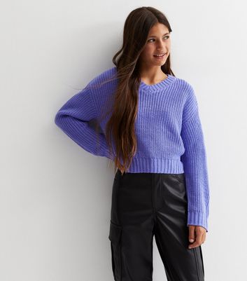 Girls Dark Purple Knit V Neck Crop Jumper New Look