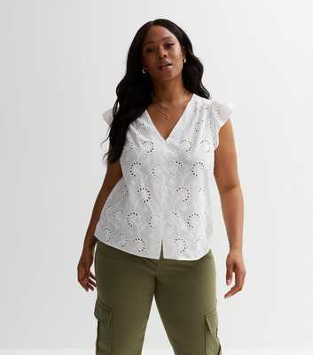 Curves White Broderie Frill Sleeve Top