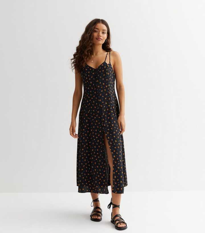 Petite Black Floral Strappy Split Hem Midi Dress