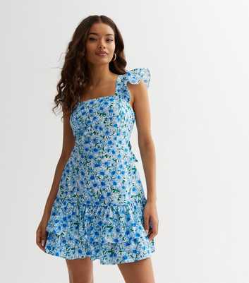 Petite Blue Floral Frill Sleeve Tiered Mini Dress