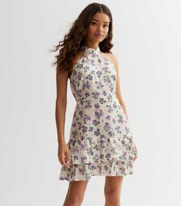 Petite White Floral Haltern Ruffle Hem Mini Dress