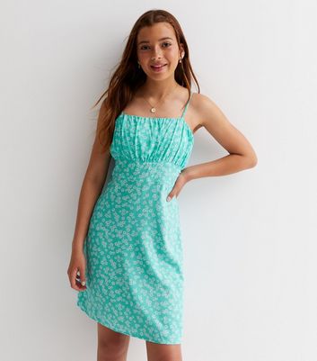 Girls Blue Floral Ruched Strappy Mini Dress New Look