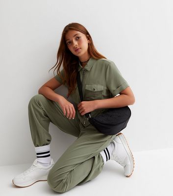 Girls Khaki Short Sleeve Zip Cuffed Jumpsuit New Look