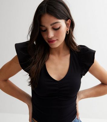 Black Ruched Front Frill Sleeve Crop Top New Look