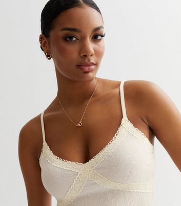 Off White Crinkle Lace Trim Cami Top