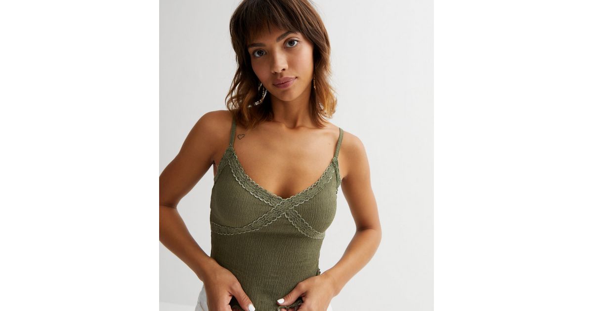 Khaki Crinkle Lace Trim Cami Top | New Look
