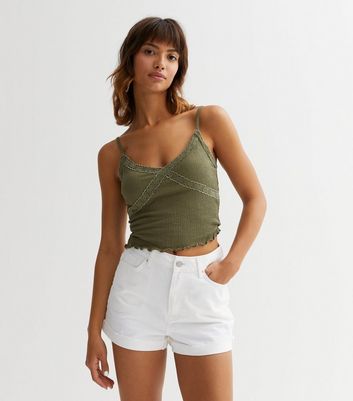 Khaki Crinkle Lace Trim Cami Top New Look