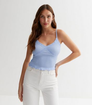 Pale Blue Crinkle Lace Trim Cami Top New Look