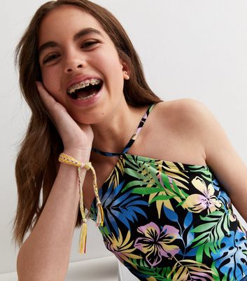 Girls Black Tropical Print Halter Top | New Look