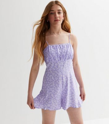Girls Purple Floral Strappy Ruched Playsuit New Look