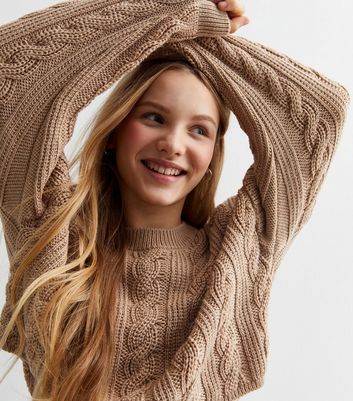 Girls Camel Cable Knit Crop Jumper New Look