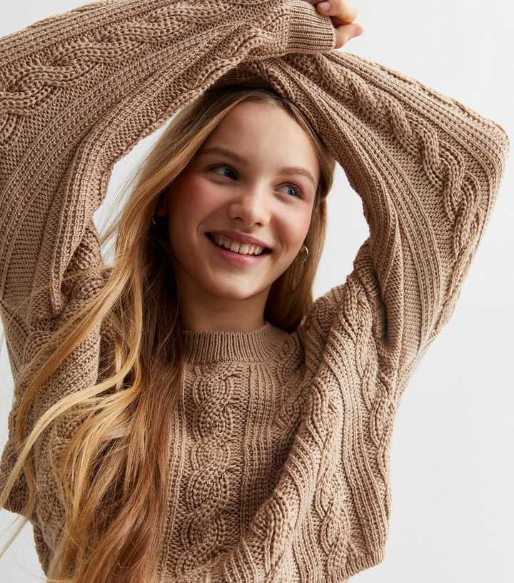 Girls Camel Cable Knit Crop Jumper