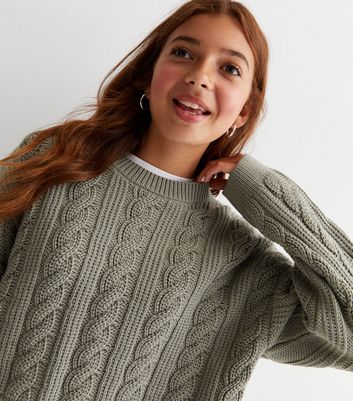 Girls Olive Cable Knit Crop Jumper New Look