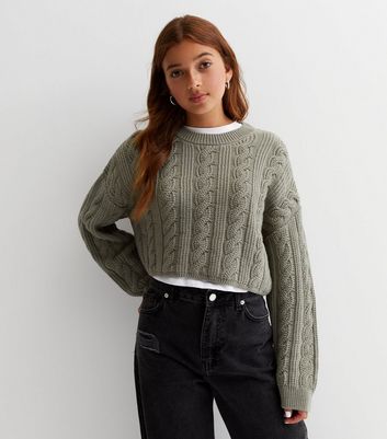 Girls Olive Cable Knit Crop Jumper New Look