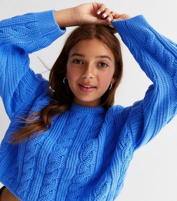 Girls Blue Cable Knit Crop Jumper New Look