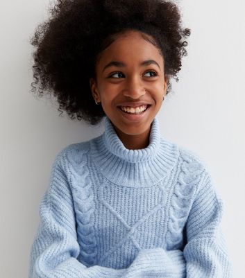 Girls Pale Blue Cable Knit Roll Neck Jumper New Look