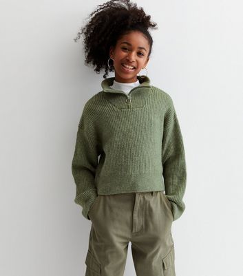 Girls Olive Ribbed Zip High Neck Jumper New Look