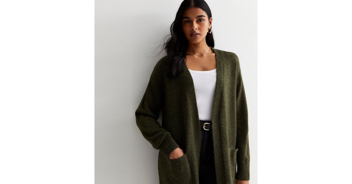 Khaki Knit Pocket Front Midi Cardigan New Look