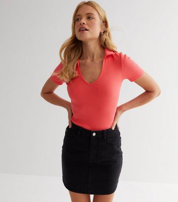 Coral Ribbed Polo Top New Look