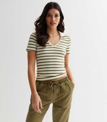Green Stripe Ribbed Short Sleeve Collared Polo Top