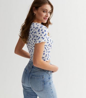 White Floral Ribbed Lace Trim Crop Top New Look
