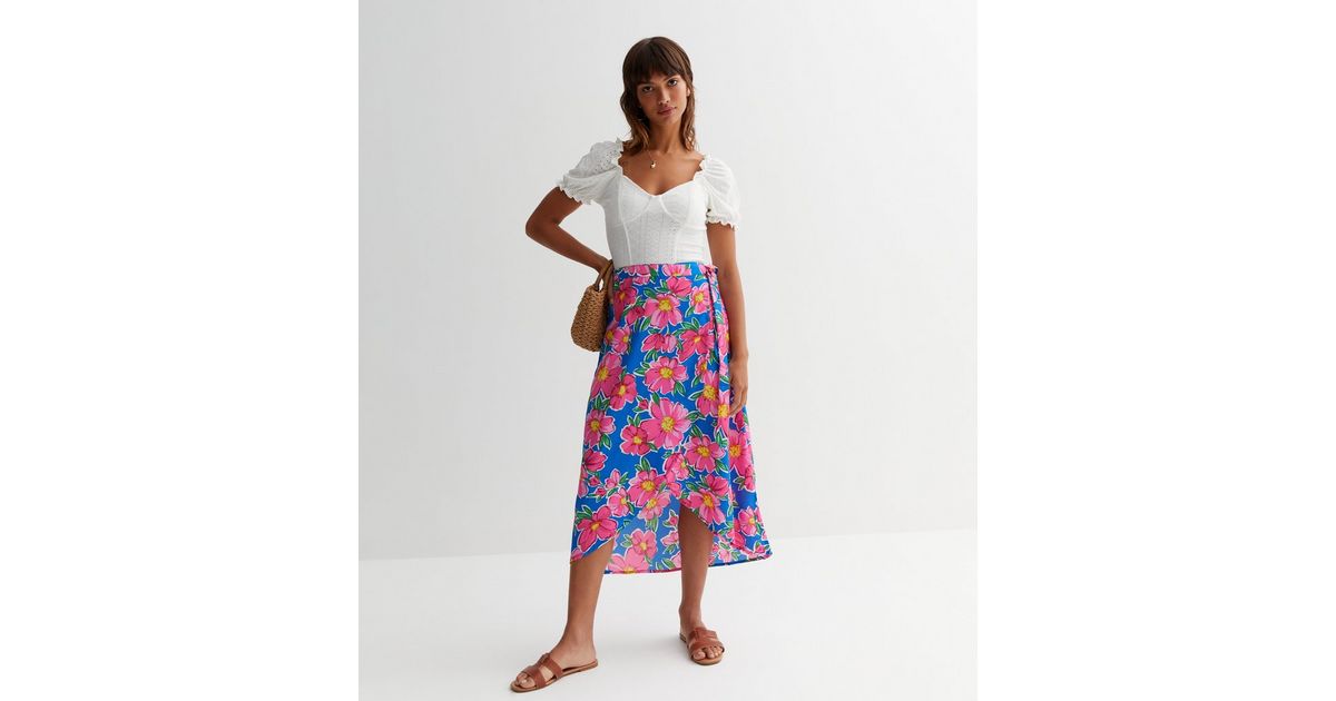 Blue Floral Midi Wrap Skirt New Look
