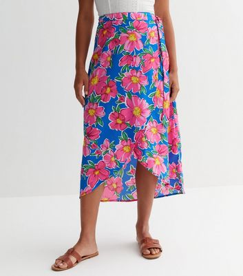 Blue Floral Midi Wrap Skirt New Look