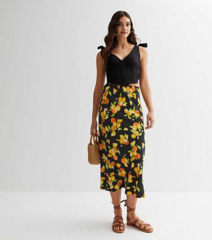 Botanical High Waisted Midi Skirt - Yellow - Pomelo Fashion