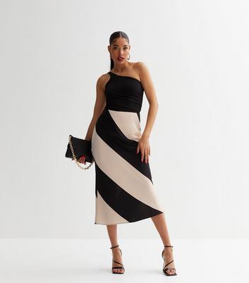 Black Stripe Satin Bias Cut Midi Skirt New Look