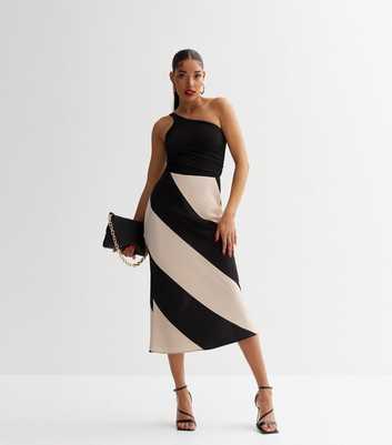 Black Stripe Satin Bias Cut Midi Skirt