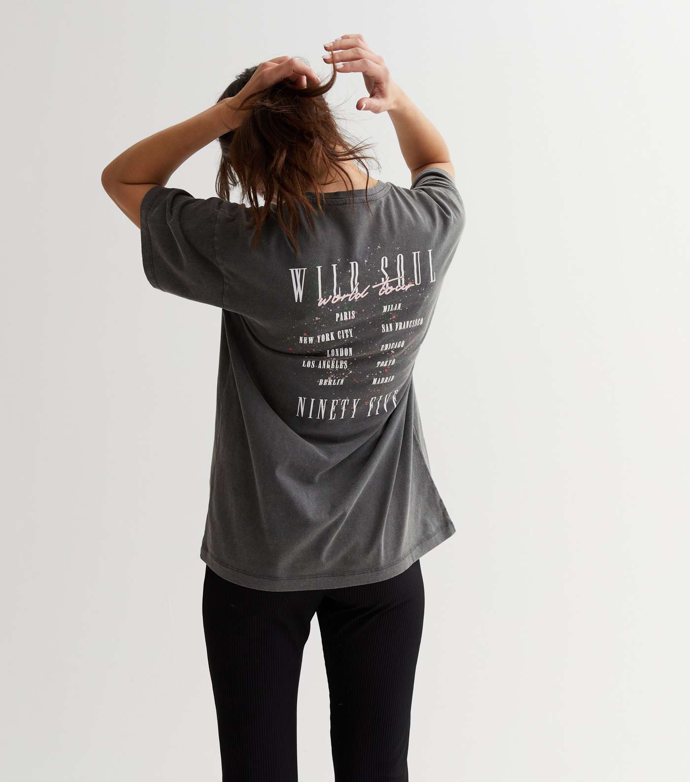 Dark Grey Tiger Wild Soul Acid Wash Logo Oversized T-Shirt Image 2