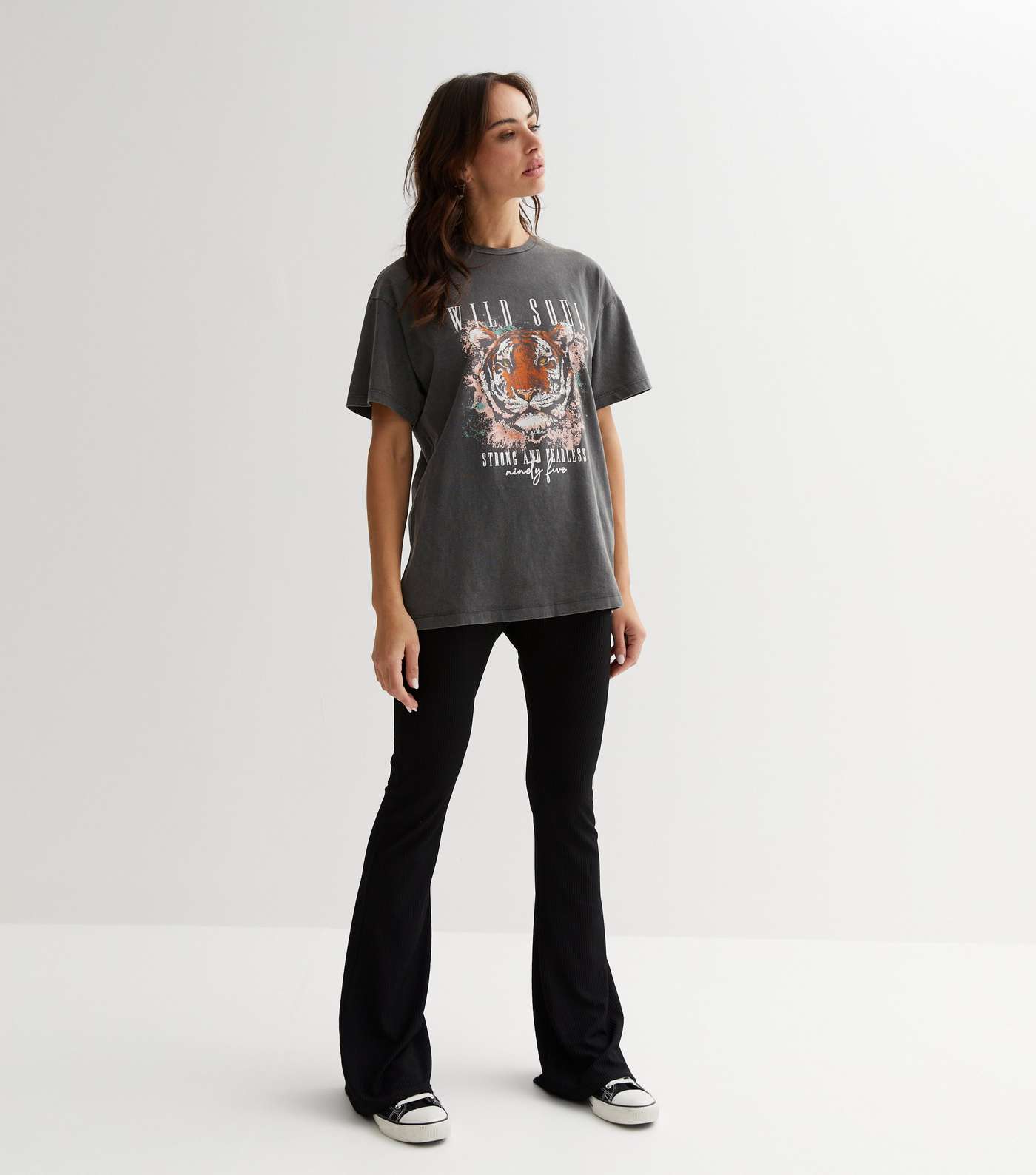 Dark Grey Tiger Wild Soul Acid Wash Logo Oversized T-Shirt Image 4