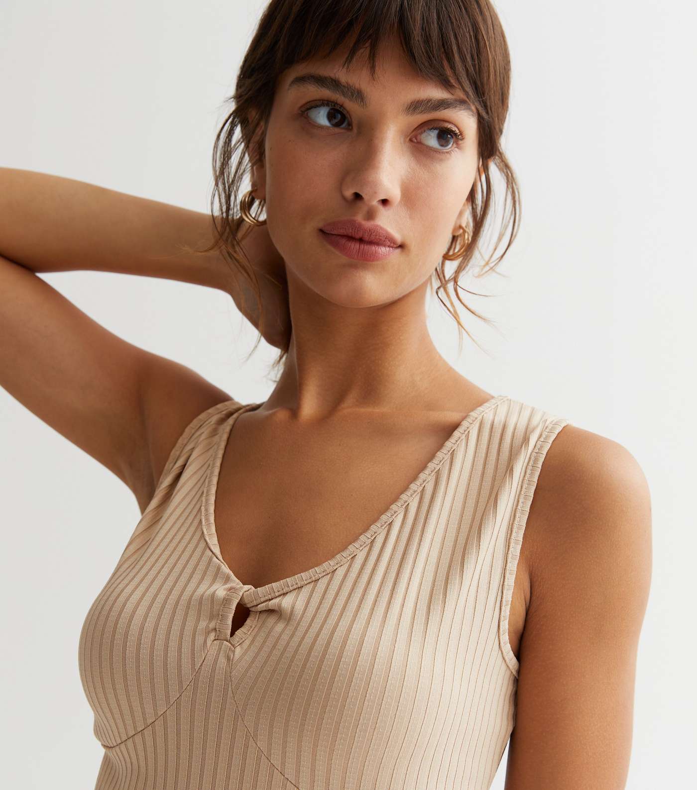 Tan Ribbed Jersey Cut Out Twist Sleeveless Bodysuit