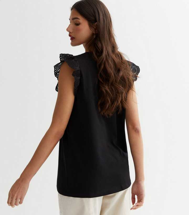 Buy Oasis Woven Broderie Frill Sleeves Rib Top In Black