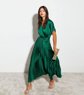 Dark Green Satin Pleated Midaxi Wrap Dress New Look