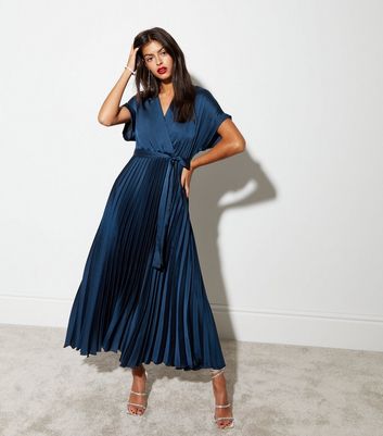 Navy Satin Pleated Midaxi Wrap Dress | New Look